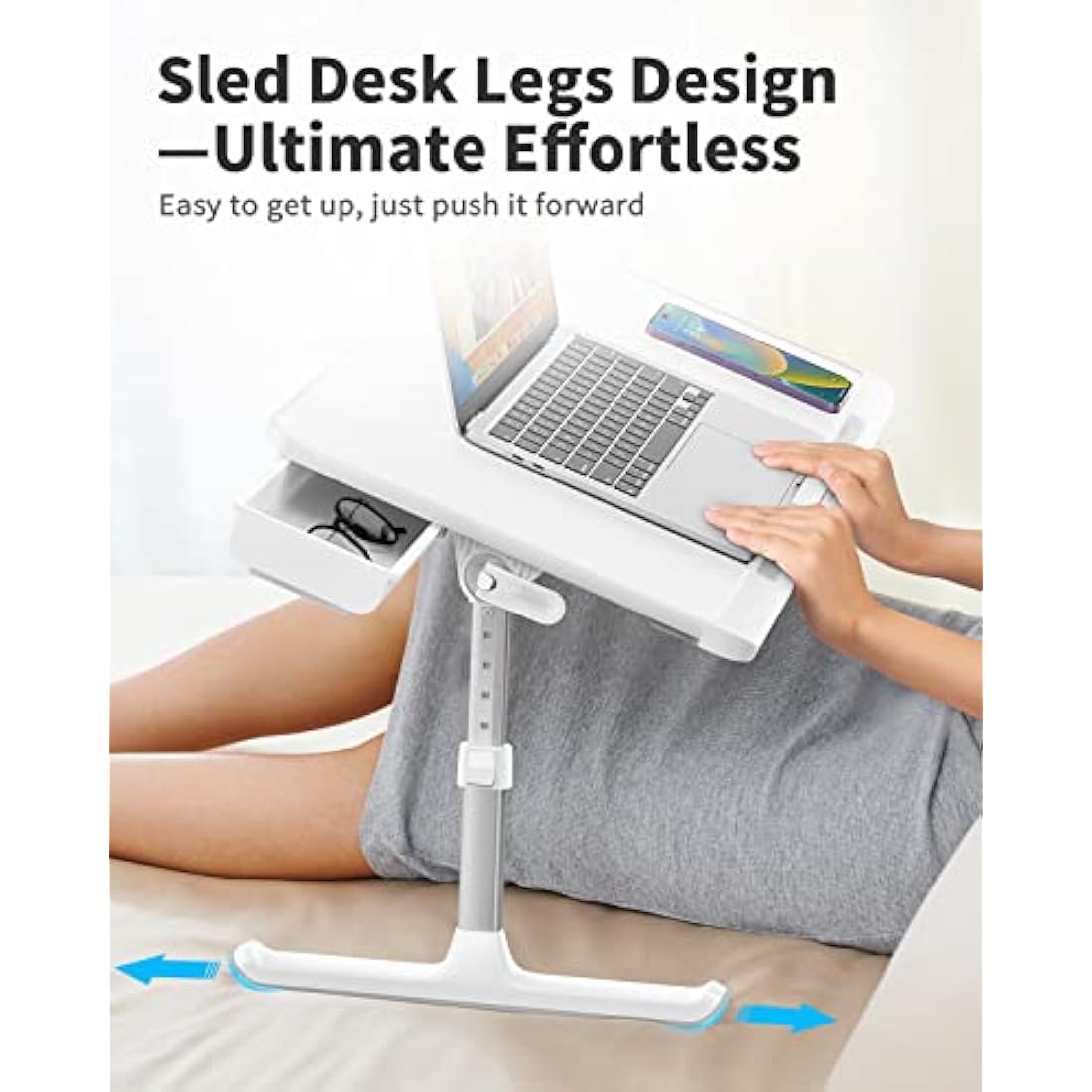 Laptop Bed Table, SAIJI 100% Eco-friendly wooden planks, Laptop Stand with Drawer, Folding Legs, 40kg Load, Angle Height Adjustable, Reading, Eating on Bed, Sofa, Laptop Lap Desk (White 23.6*12.6in)