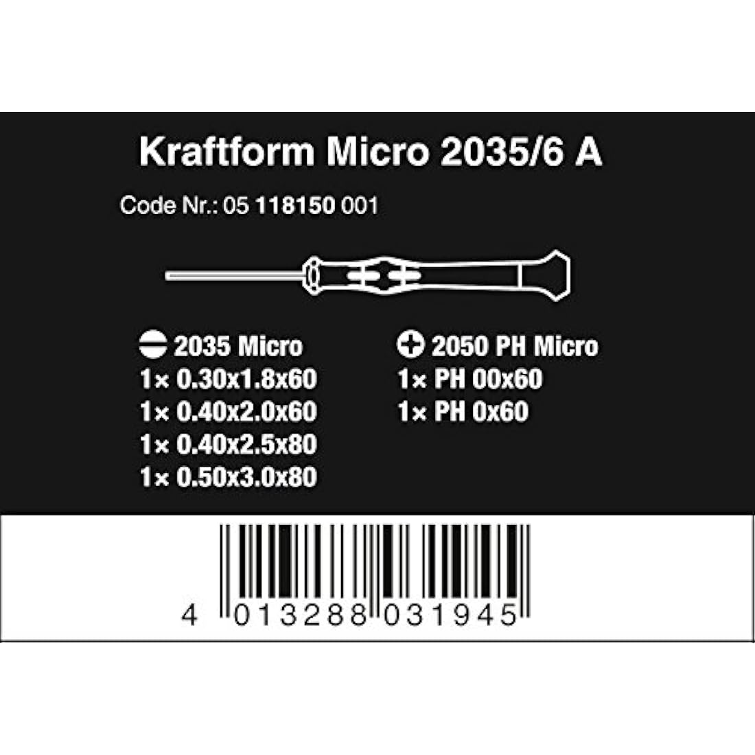 Wera 2035/6 A Kraftform Micro Screwdriver Set, for electronic applications, PH/SL, 6 Piece, 05118150001