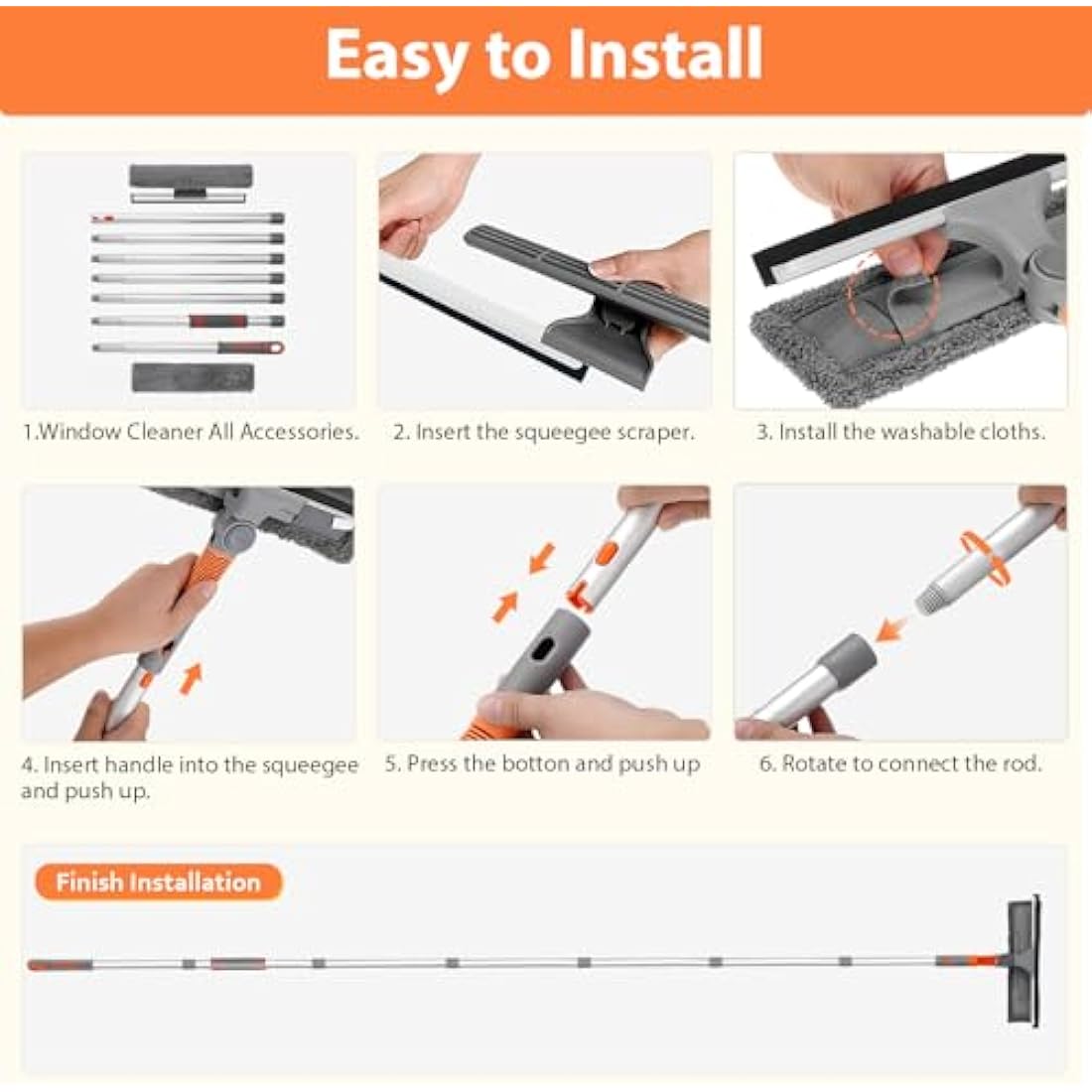 Baban Squeegee Window Cleaner 2 in 1 Window Cleaning Tool with 1 Elbow- and 7 Straight Extension Pole
