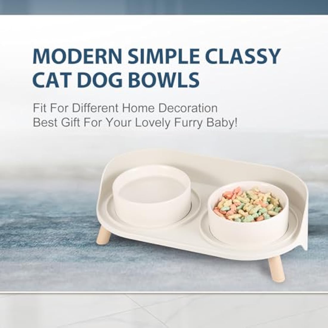 Raised Ceramic Cat Food Bowl Set - Elevated Dog Bowls with Non-Slip Stand - Tall Cat Dishes - 2 x 480 ML - 16.2 OZ