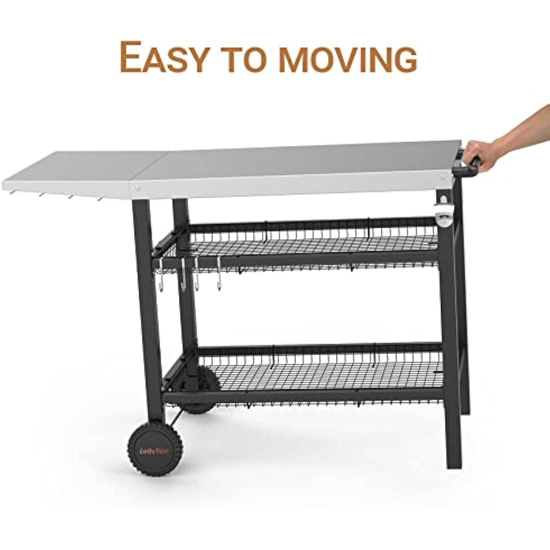 Onlyfire Heavy Duty BBQ Trolley Food Prep Table, Stainless Steel Flattop Worktable with Side table, Two-layer Steel Basket and Utensil Holder