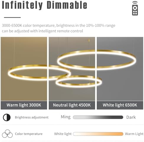 Mikeru 40+60+80cm Minimalist Pendant Lights, Dimmable 10% to 100% Gold Height Adjustable Pendant Lights with Memory Function 3000K/4500K/6500K LED Pendant Lights for Kitchen Island