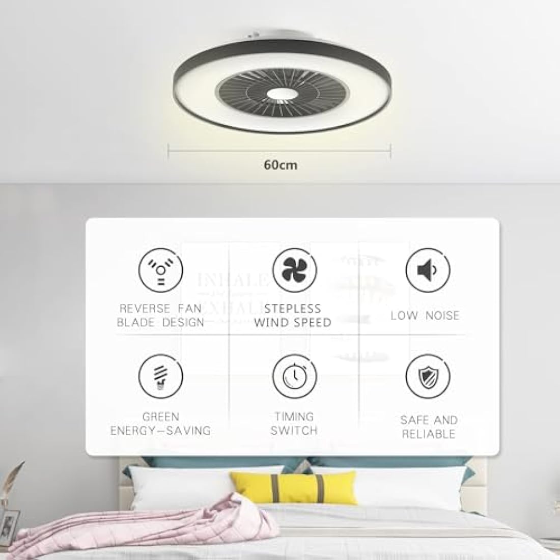 BKZO Smart LED Ceiling Light with Fan, Ceiling Fan Lights Stepless Wind Speed Adjustment, Stepless Dimming Light, Modern Fan Lighting, 3000-5500K, Black Frame