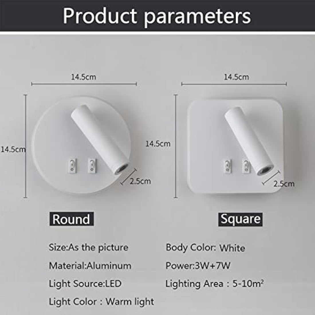uksunvi LED Wall Mounted Lamp,Bedside Reading Wall Light,12W LED Wall Lamp, Adjustable Spotlight （3W +9W 3000K Warm Light） (White Square)