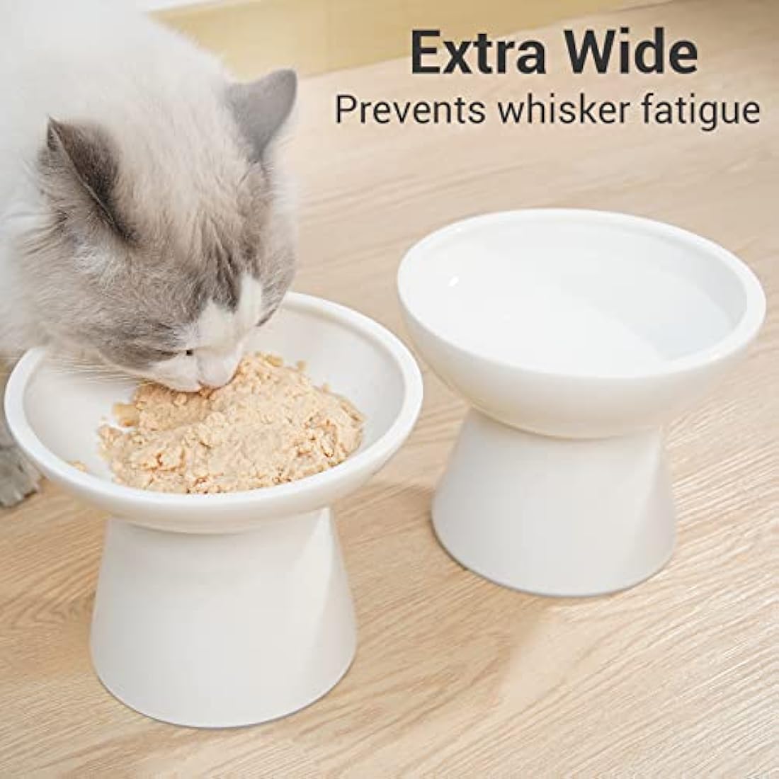 CEEFU 2 x Extra Wide Ceramic Cat Bowls for Food and Water, Shallow Plate, Lead and Cadmium Free, Raised Height for Dogs and Cats, Two Different Depth Bowls, White