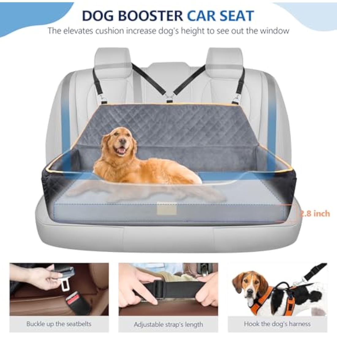 GL GLENSLAVE Dog Car Seat for Large/Medium Dog, Comfortable Dog Car Bed Pet Booster for Back Seat, Fully Detachable & Washable Dog Travel Seat with Thick Cushion (Black/Grey)