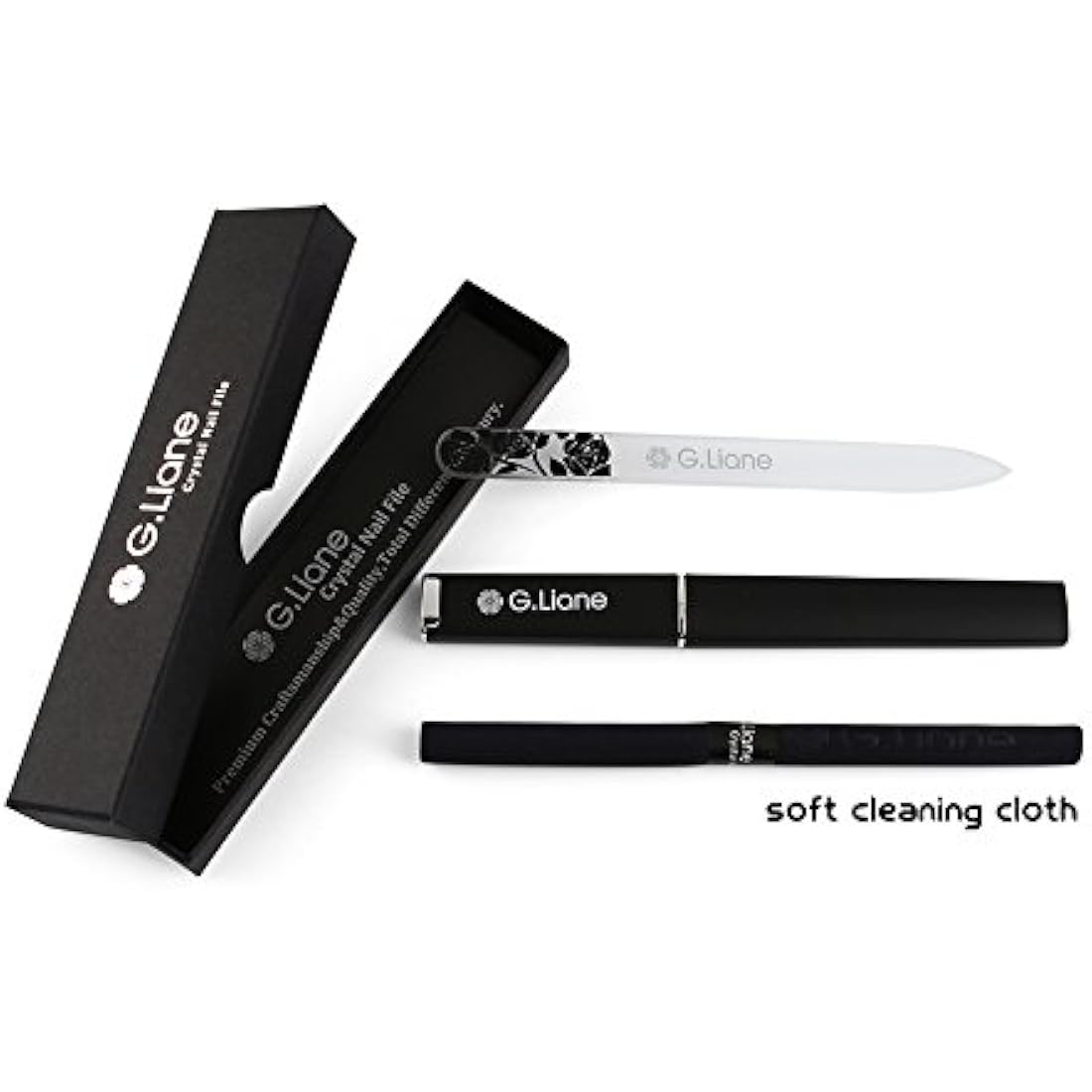 G.Liane Crystal Glass Nail File Professional Double Sided Etched Crystal Nail Files Set for Nail Art & Nail Care Alternative to Metal Nail Files Emery Boards & Buffer (Rose Black)