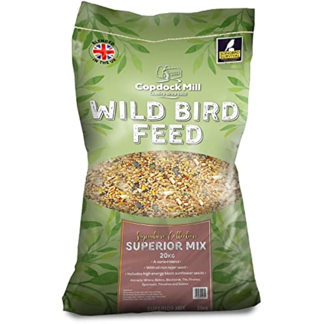 Copdock Mill Wild Bird Seed Superior Mix 20kg - All Year-Round Bird Seeds for Small Garden Birds - 100% Natural Nutritional Feed with Black Sunflower and Nyjer Seeds