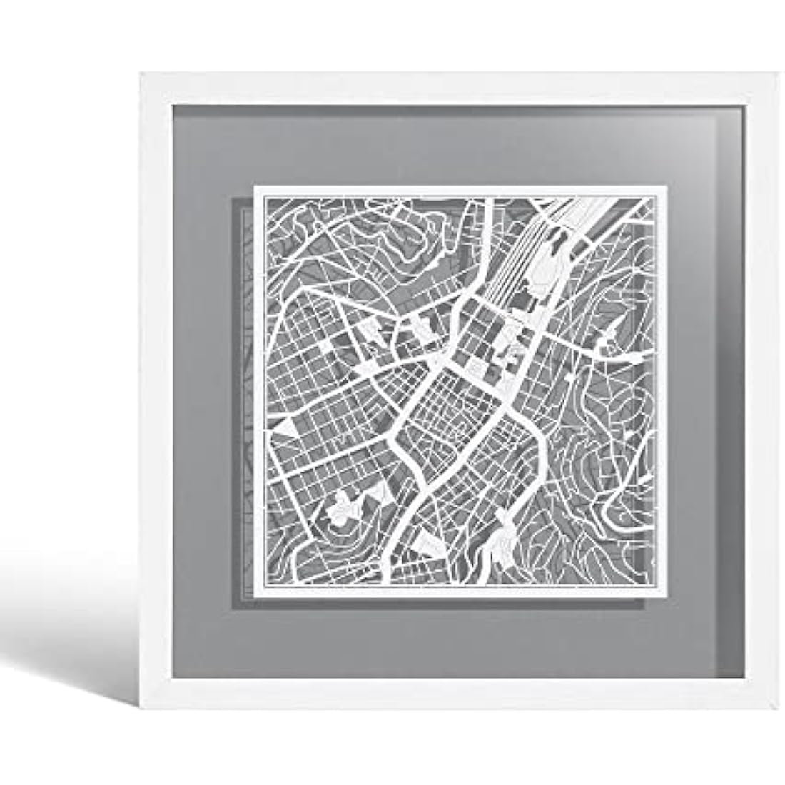 O3 DESIGN STUDIO Stuttgart Paper Cut Map framed, White map, White frame, 9x9 inches, Gift Boxed, 4 background color, self-changing, Paper Art