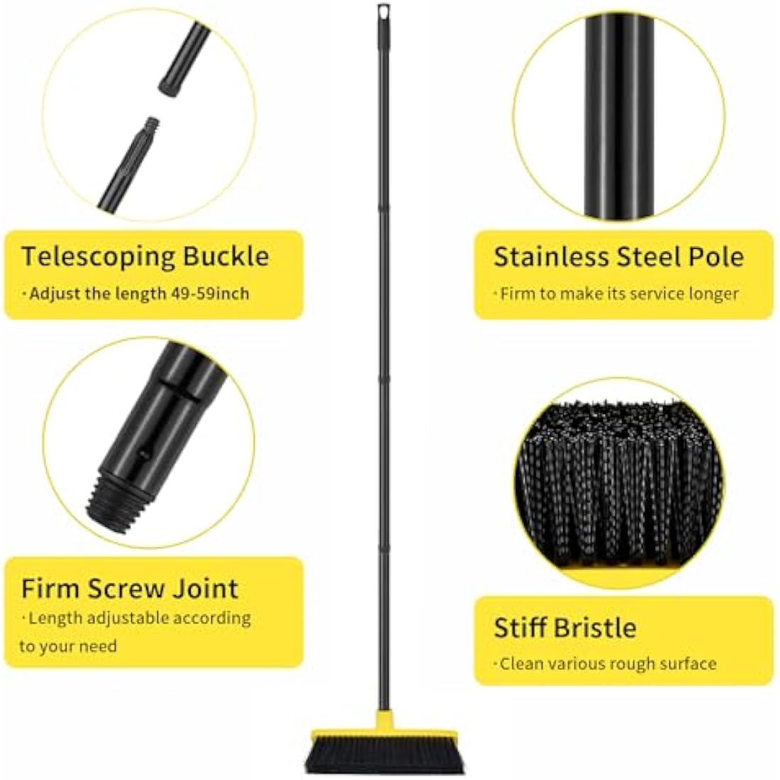 Yard Brush Heavy Duty Outdoor Concrete Broom Telescopic Long Handle with Stiff Bristles for Cleaning Scrubbing Deck Driveway Yard Patio Wood Stone Tile Garden Warehouse Leaves Lawn
