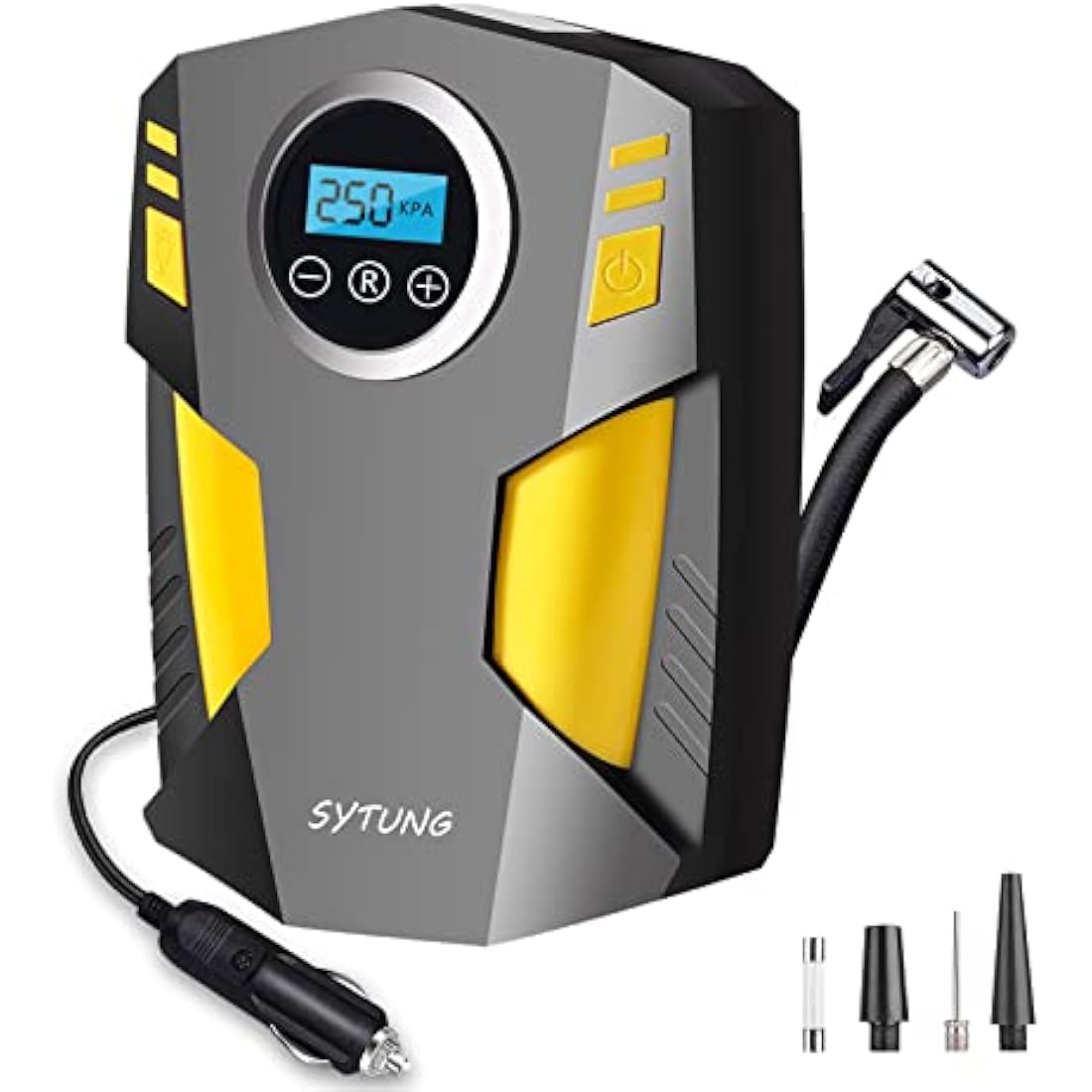 SYTUNG Digital Tyre Inflator, Portable Air Compressor Car Tyre Pump with 3 Nozzle Adaptors and Digital LED Light, 12V Rapid Tyre Inflator Air Compressor for Car Tires and Other Inflatables