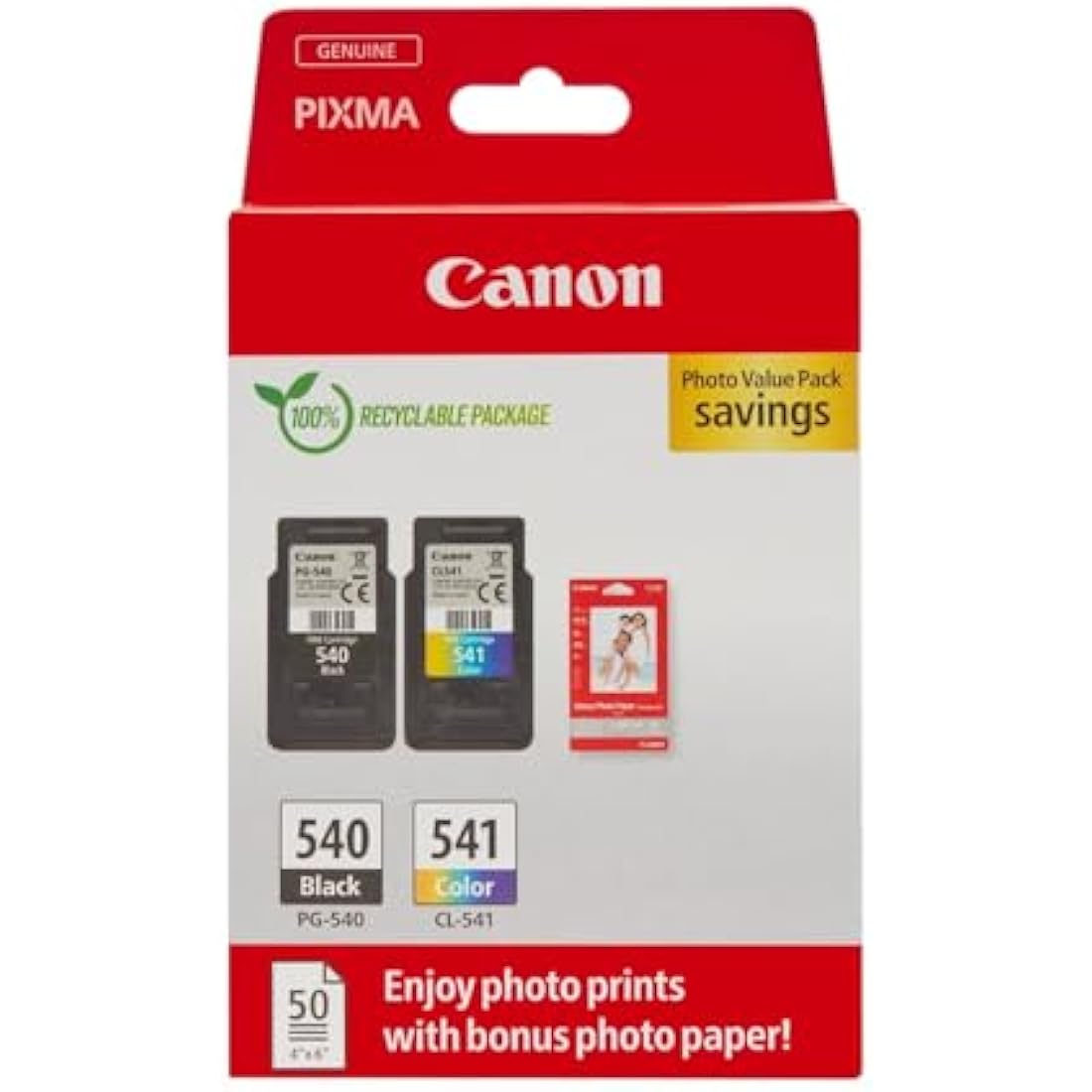 Canon Ink & Paper Multipack - PG-540/CL-541 Genuine Printer Ink Cartridges 2 Pack (1 x Black, 1 x Colour) & 4x6 Photo Paper (50 x Sheets)