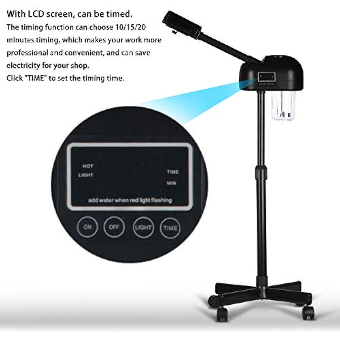 Professional Facial Steamer with LCD Screen, Timer, for Salon SPA Face Care, Height Adjustable, Black