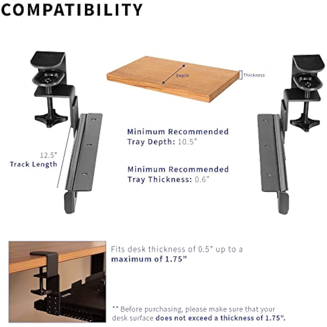 VIVO Height Adjustable Clamp and 12 inch Rail Set for DIY Custom Wooden Keyboard Trays (Tray Not Included), Under Desk Pull Out Slider Track with C-clamp Mount System, Black, MOUNT-RAIL02H
