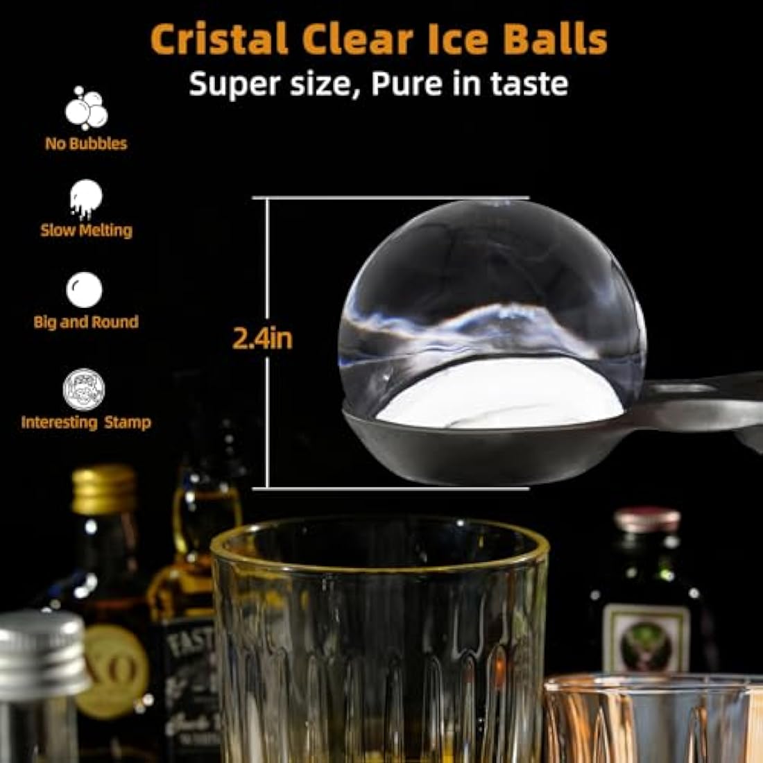 PushGoGo Clear Ice Ball Maker,Four Large 2.4" Crystal Clear Ice Balls for Whiskey, Cocktails, Bourbon,4-Cavity BPA-Free Silicone Easy Remove Ice Sphere Molds with Storage Bag,Stamp