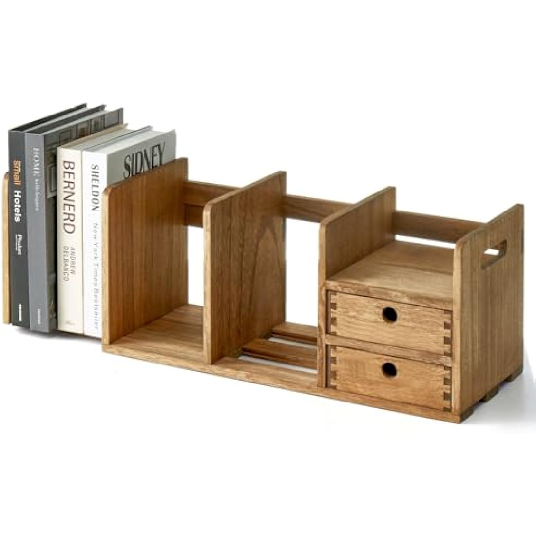 KIRIGEN Desktop Wooden Bookshelf, Expandable Book Organiser with 2 Drawers Desktop Bookcase Multifunction Storage Organizer Book Display Rack Home Office Tidy Organiser Wood Kids Bookshelf(LSJ-DBR)