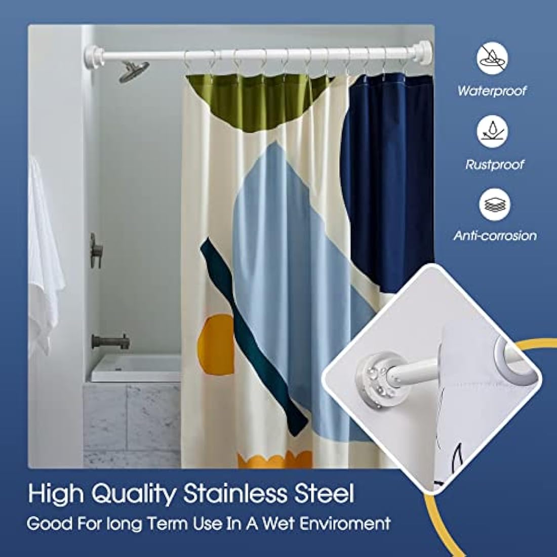 Stainless Steel Extendable Shower Curtain Pole 105-175cm Tension Rods for Curtains Telescopic Curtain Poles No Drilling Adjustable Shower Curtain Rail for Kitchen Closet Bathroom Window, White