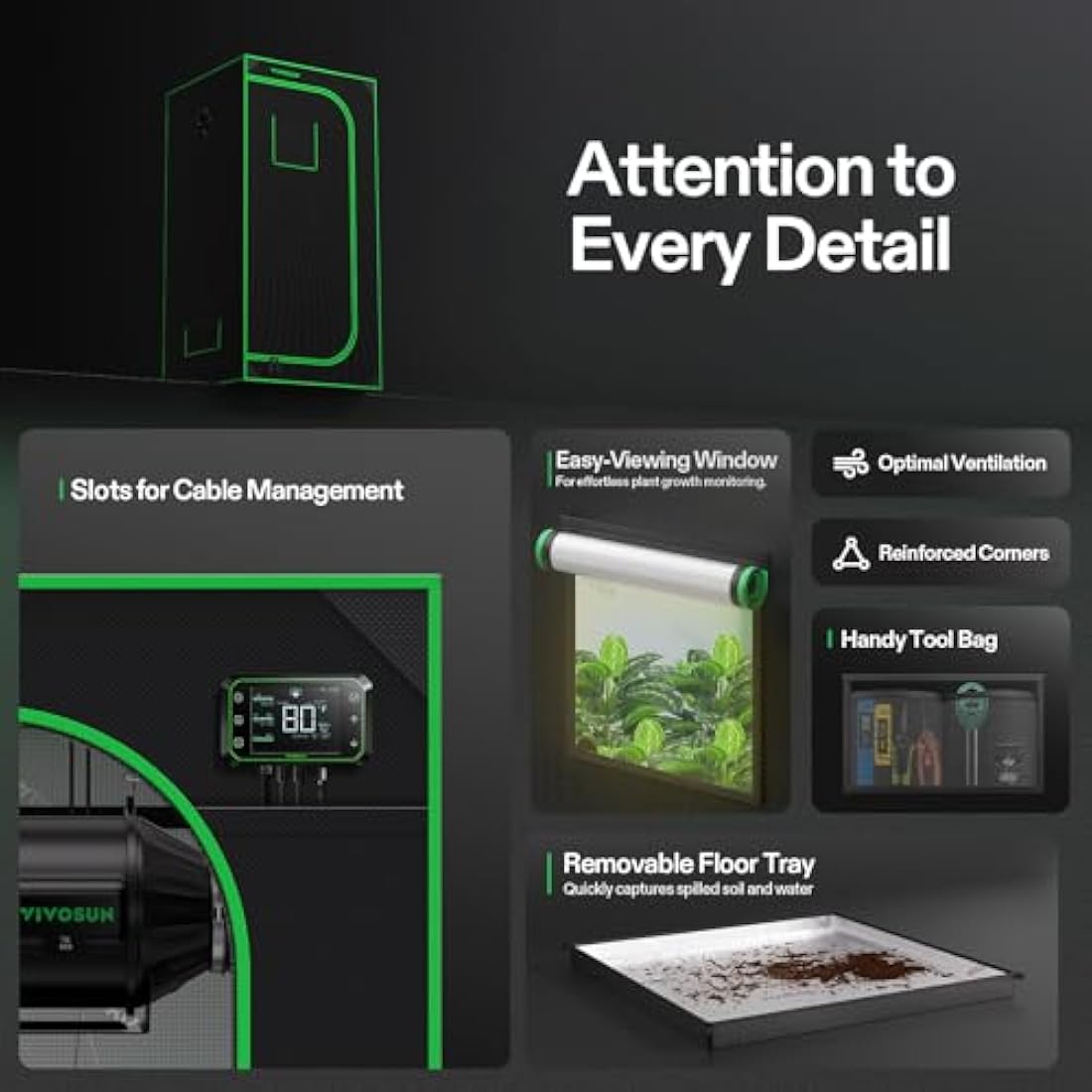 VIVOSUN Grow Tent 80 x 80 x 160 cm, Made of Highly Reflective Mylar with Viewing Window and Base Tray for Hydroponics and Indoor Growing, Suitable for VS1500