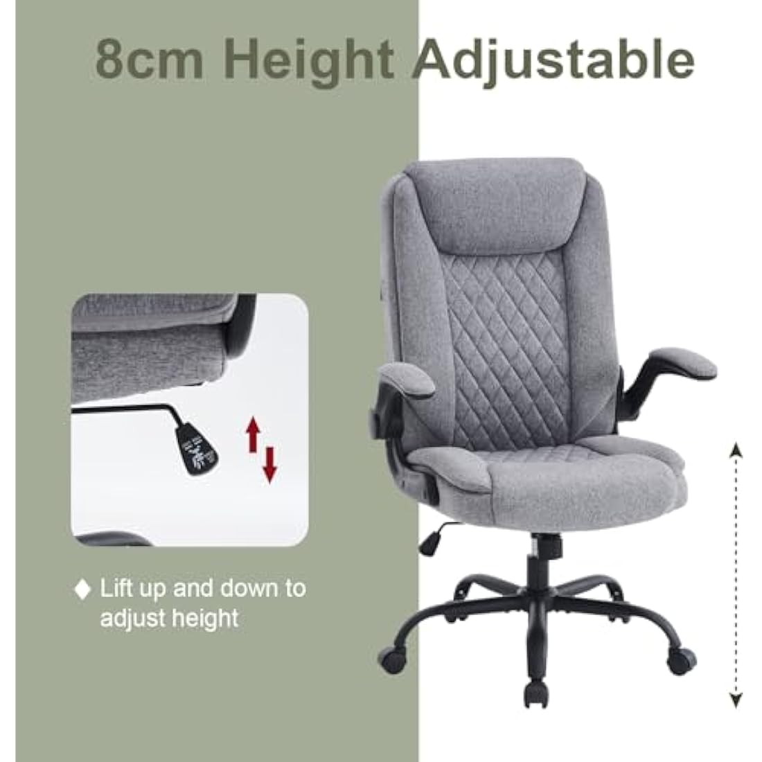 CASTLOVE Ergonomic Office Chair Computer Chair Executive Office Chair with Flip Up Armrest High Back Rocking Function Height Adjustable Comfortable Desk Chair for Home Office Fabric Grey