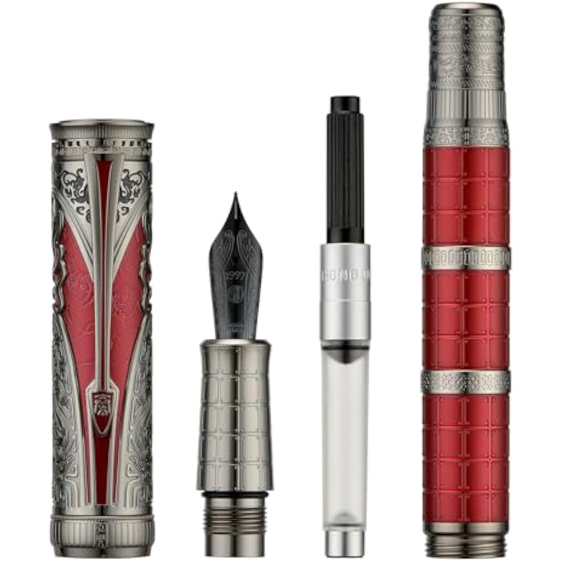 Hongdian D5X Fountain Pen Red Color Extra Fine Nib, Qin Dynasty Retro Chinese Totem Engraving Smooth Writing Pen with Converter and Pen Box Set