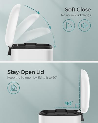 SONGMICS Kitchen Bin, 8 Gallon (30L) Rubbish Bin, Steel Pedal Bin with Lid and Inner Bucket, Soft Close, White LTB01W