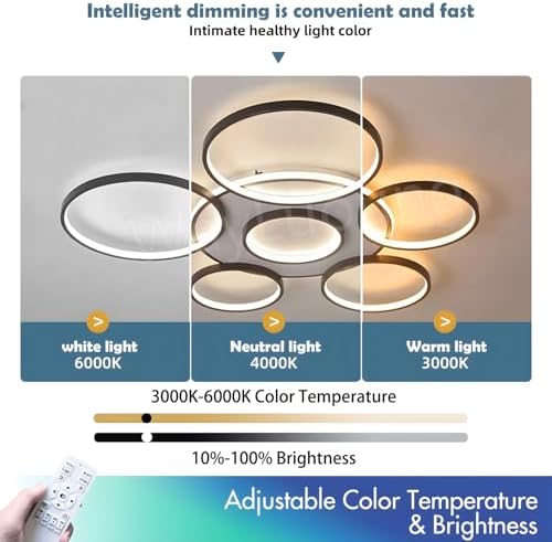 LED Ceiling Light | Modern 7-Rings Living Room Ceiling Lamp | black Round Circle 120W/Ø110cm | Bedroom Ceiling Lamps Fixture | 2800K-6000K Dimmable With Remote Control | Restaurant Indoor Ceiling Lamp