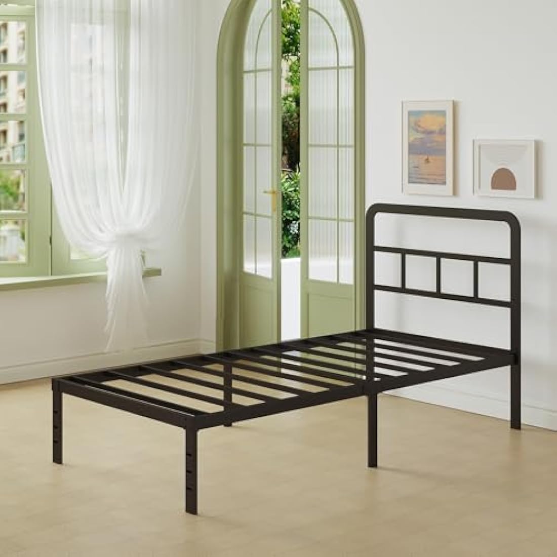 Lutown-Teen Small Single Bed Frame 2ft 6 with Curved Headboard, Heavy Duty Black Metal Bed Frames with Steel Slats, Small Single Beds 36 cm High, Ample Storage Underneath, Noise Free, Easy Assembly
