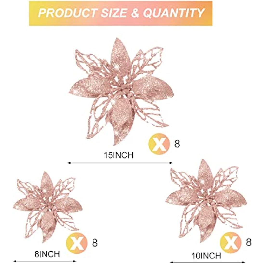 Boao 24 Pieces Christmas Glitter Artificial Poinsettia Flowers Christmas Flowers Decorations Wedding Xmas Tree New Year Ornaments (Rose Gold)