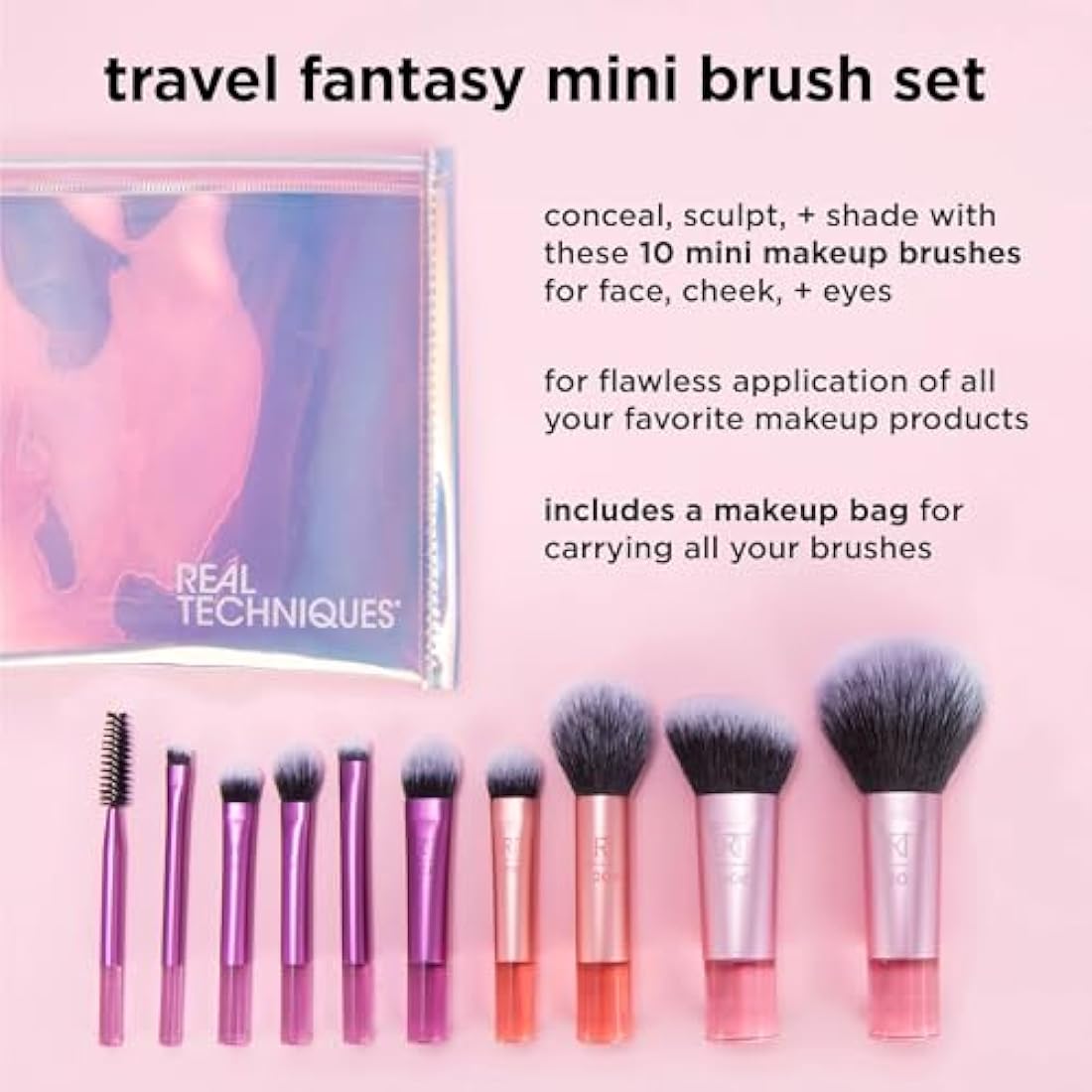 Real Techniques Travel Fantasy Mini Brush Kit, Makeup Brushes For Eyeshadow, Highlight, Contour, Powder, and Concealer, Travel-Sized Brushes and Cosmetic Bag, Synthetic Bristles, 11 Piece Set