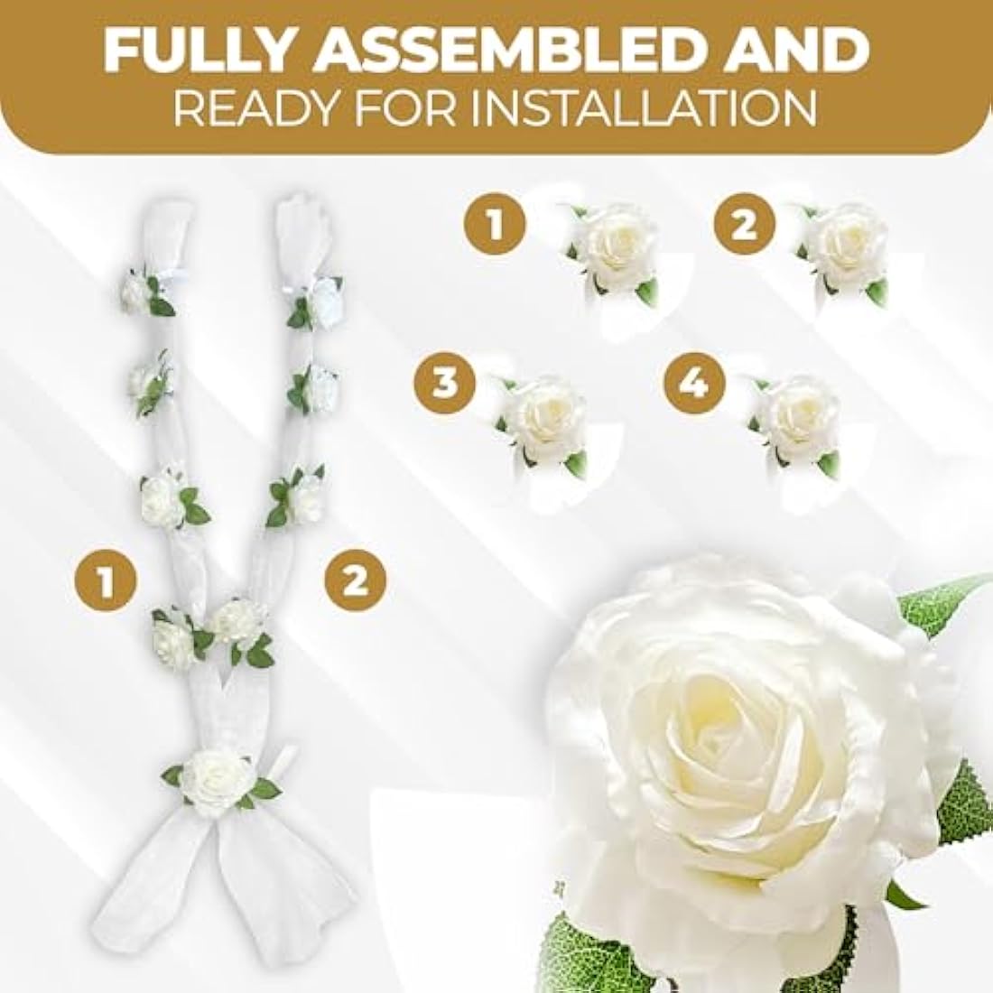 Nueva Vida Wedding Car Decoration, Silk Flowers for Your Wedding Car - 2 x 180 cm Garland for the Bonnet, Including 4 Door Handle Ribbons