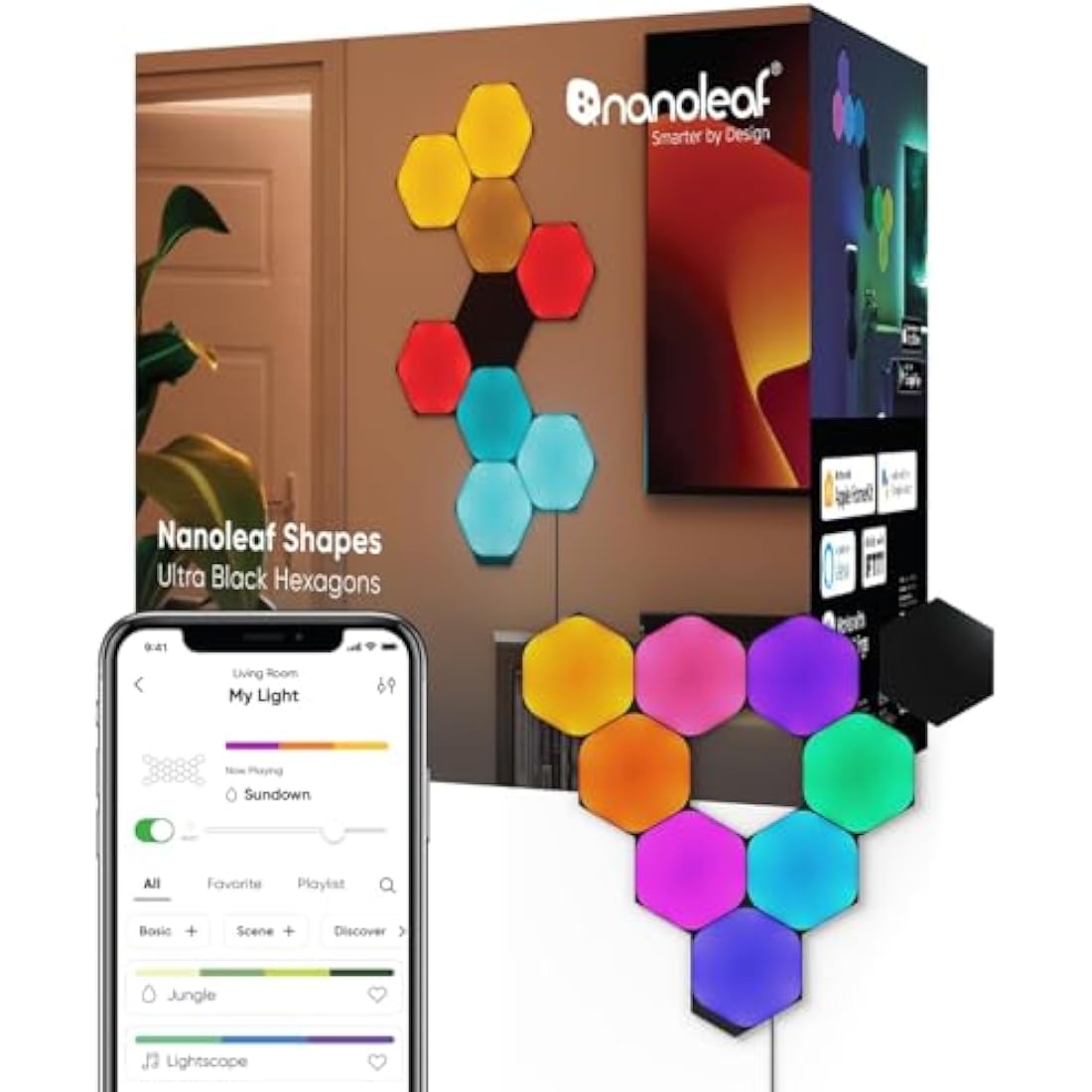 Nanoleaf Shapes Ultra Black Hexagon Starter Kit, 9 Smart Light Panels LED RGBW - Modular Wi-Fi Colour Changing Wall Lights, Works with Alexa Google Assistant Apple Homekit, for Room Decor & Gaming