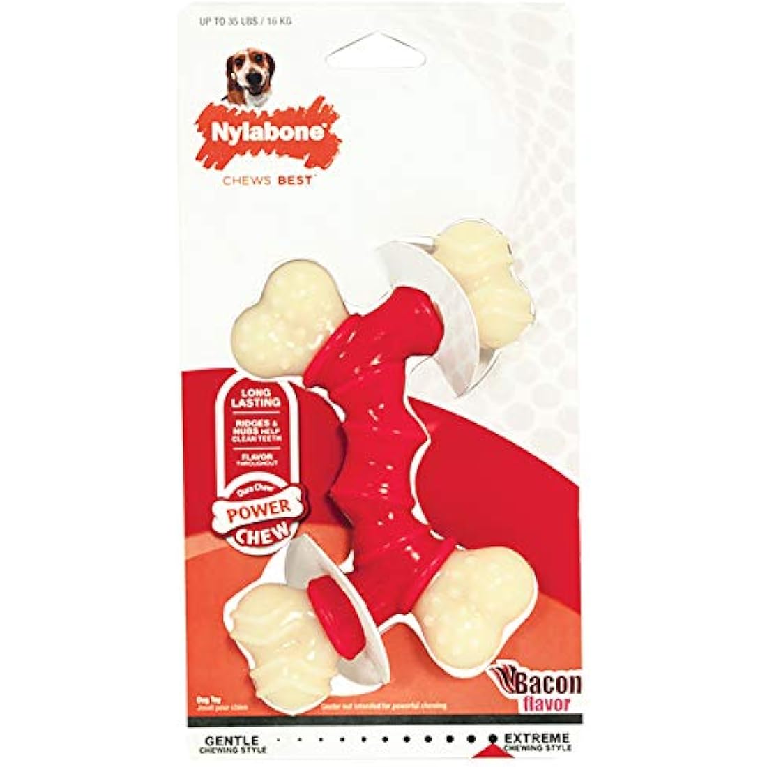Nylabone Extreme Tough Dog Chew Toy, Double Bend Bone, Cleans Teeth, Bacon Flavour, Medium, for Dogs Up to 16 kg