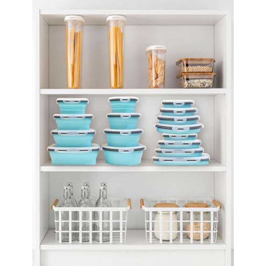 Lunememo Pack of 16 Foldable Food Storage Boxes with Lid, Collapsible Lunch Box, Foldable Silicone Bowl for Snacks, Meals, Leftovers, On the Go and Home, Blue