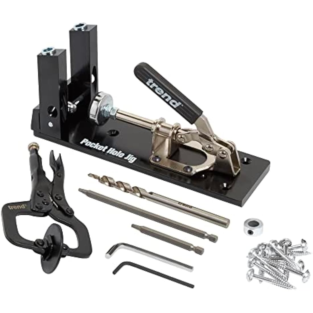 Trend Pocket Hole Jig Kit with Dual Column Jig, Face Clamp, HSS Drill Bit & Depth Setting Collar, 2 Square Bit Drives & 100 Pocket Hole Screws, PH/JIG