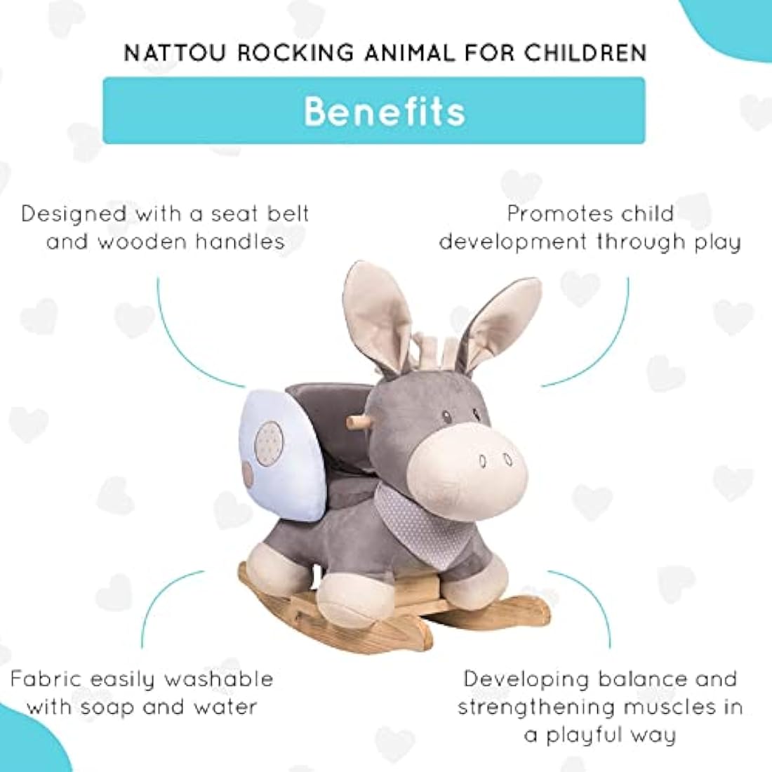 Nattou Wooden Rocking Animal Toy, Fully Padded Seat, Side Supports, Safety Belt, Handles For Small Hands, PETA-Approved Vegan, 100 Percent Super Soft Polyester, 10-36 Months, Donkey Cappuccino