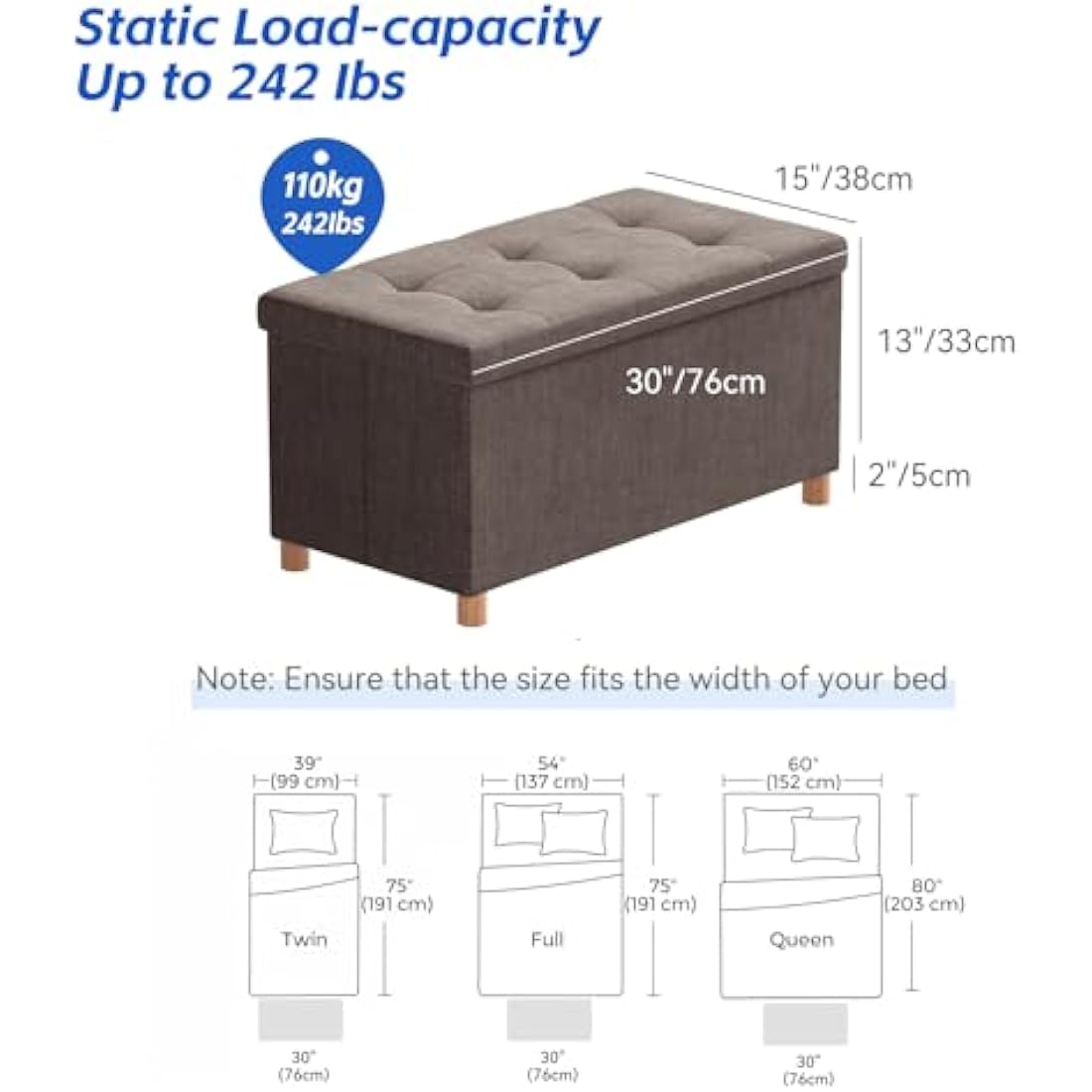 BRIAN & DANY Ottoman Storage Box with 4 Wood Legs, Linen Storage Ottoman for Living Room, Brown, 76 x 38 x 38 cm
