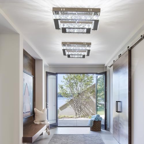 Finktonglan Crystal Ceiling Light Modern Flush Mount Rectangular LED Ceiling Lamp K9 Stainless Steel Ceiling Lights Fixture Chandelier for Living Room Bedroom Dining Room(Cool White)
