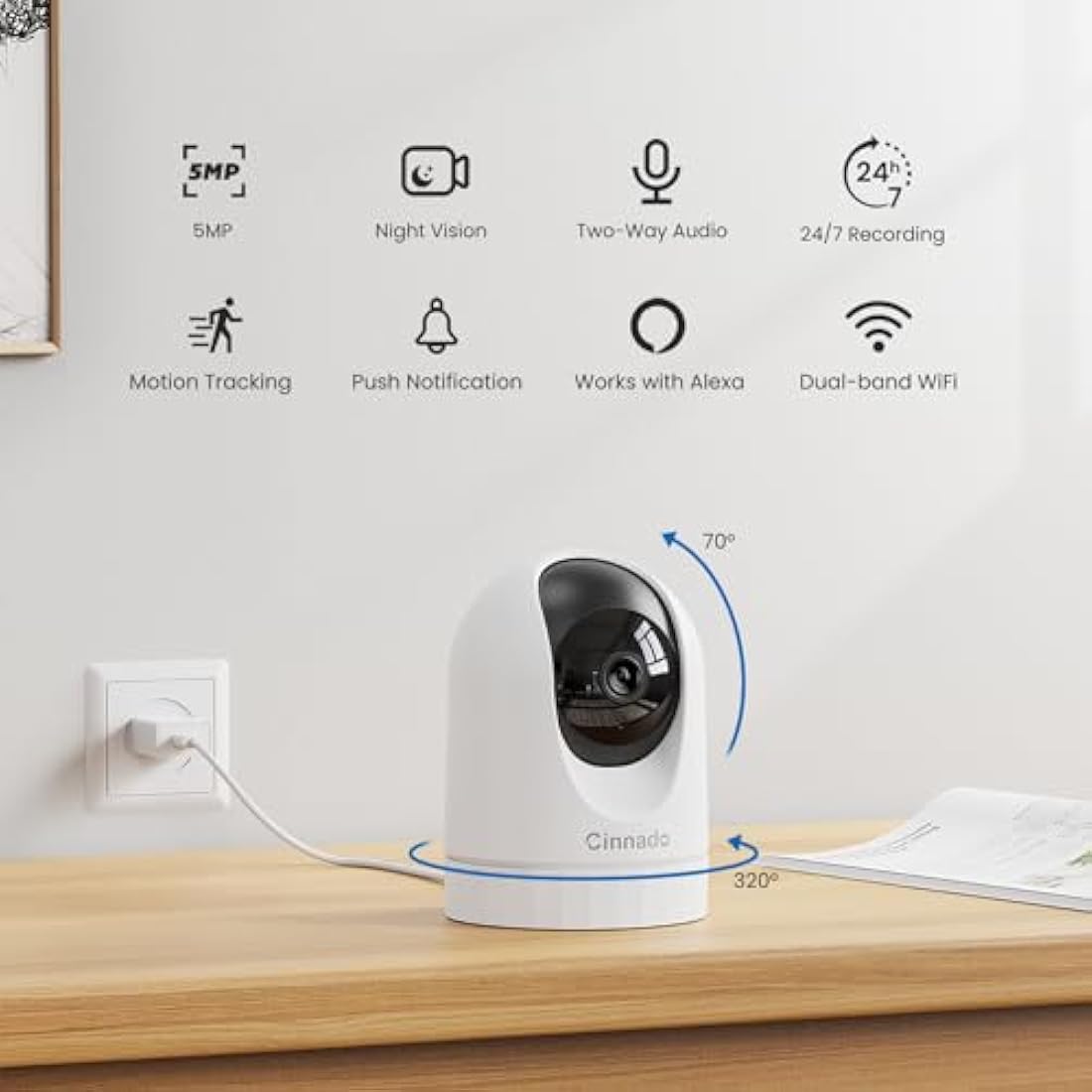 Cinnado 5G Indoor Camera - 5MP Baby Monitor Camera with APP, CCTV Camera, 5G/2.4G Dual-Band 360° Pet Dog Cam, Motion Tracking, 24/7 Recording, IR Night Vision