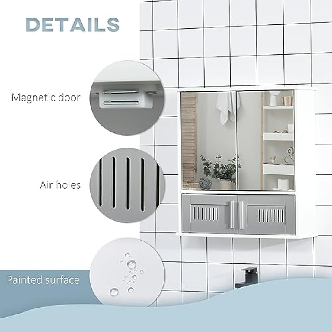 kleankin Bathroom Mirror Cabinet, Wall Mounted Storage Cupboard with Double Doors and Adjustable Shelf, Bathroom Organizer, Grey