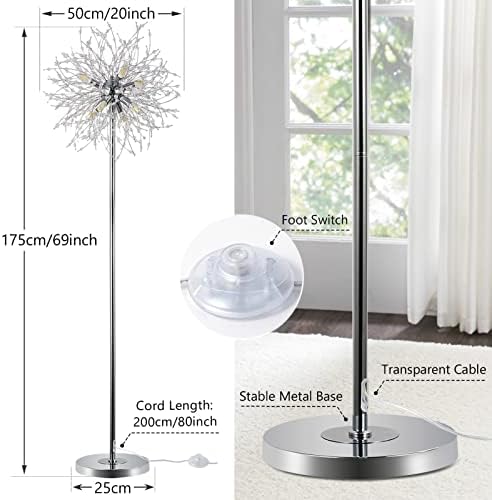 Rayofly Modern Crystal Fireworks Floor Lamps, Chrome Standing Lamp with Foot Switch, 8 Lights, 170cm, Glass Metal Tall Pole Tree Lighting for Living Room, Bedroom, Corner, Sofa