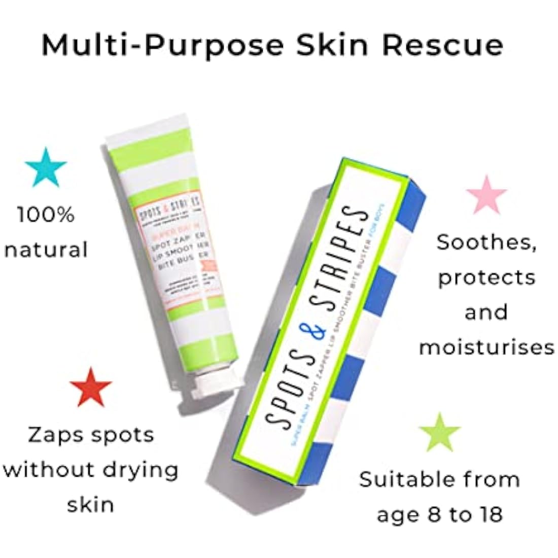 Spots & Stripes - Starter Skincare Set for Boys, Easy-to-Use and Natural Essentials for Teen and Young Skin, with Virgin Coconut, Kanuka and Niaouli, Super Gentle (150ml and 15g)
