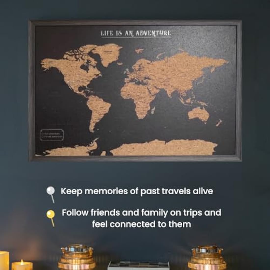 Splosh Large Maps. World Map Pin Board in Black, Wooden Frame. World Map Cork Board with 100 Pins in 2 Colours to Mark Your Past and Future Adventures. Framed World Maps for Wall. (Black)