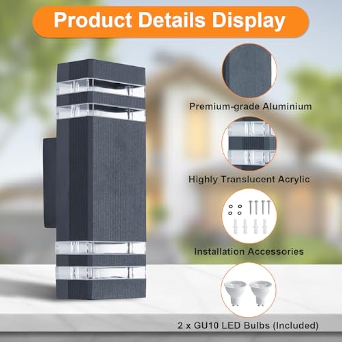 CELAVY Outdoor Wall Lights Mains Powered Outside Up Down Lights, IP65 LED Porch Front Door Light, Waterproof Square GU10 Exterior Modern Lighting External Electric Sconce Lamp for House 2 Pack, Grey