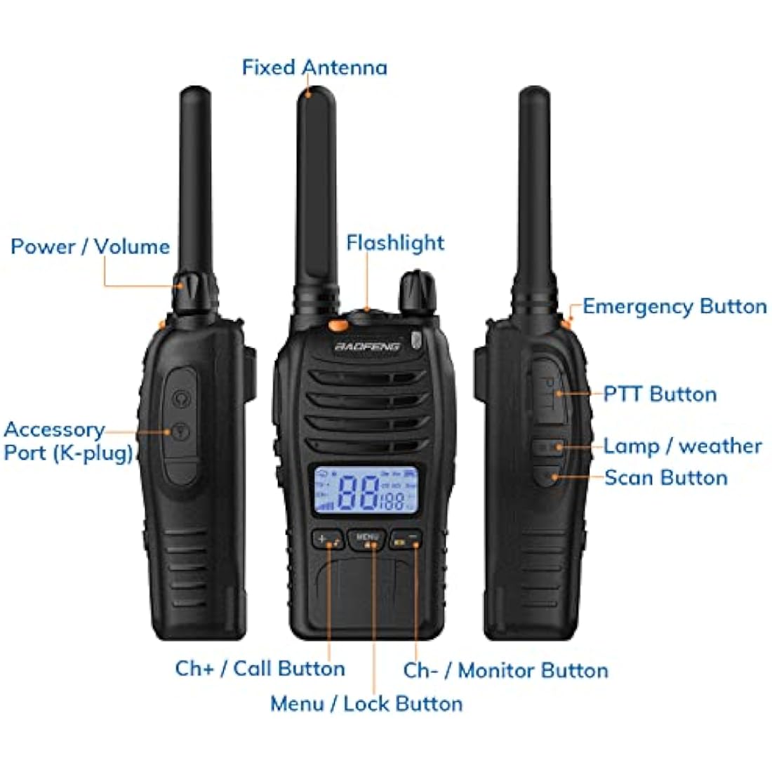 BAOFENG BF-88ST Pro Walkie Talkie, Upgraded Long Range Rechargeable License-Free PMR446 Two Way Radios with LCD Display, VOX Dual Watch, Desktop Charger and Earpieces, 4 Pack
