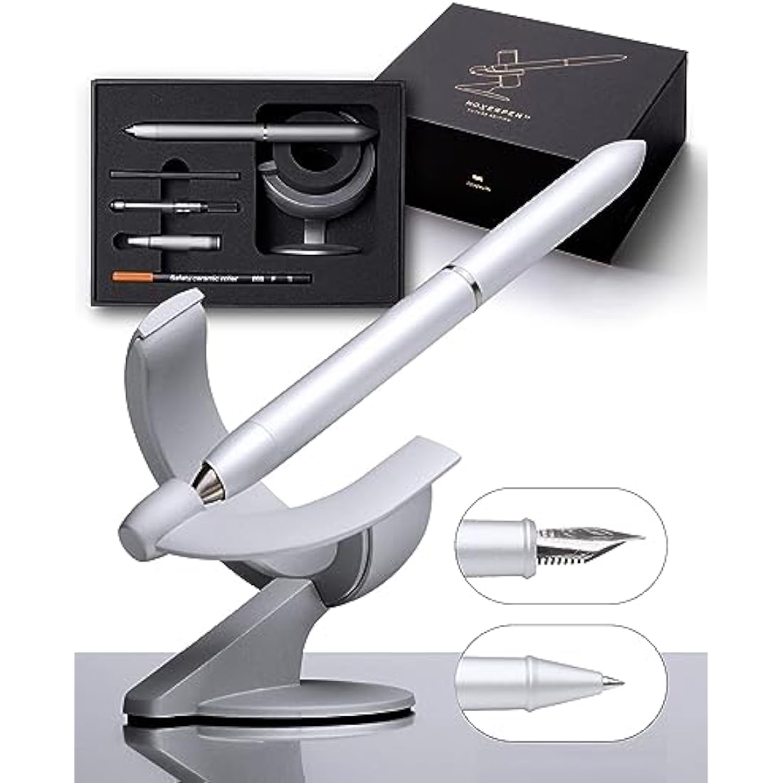 novium Hoverpen Future Edition - Fountain Pen & Rollerball Pen All-In Gift Box, Fine Nib, Futuristic Aesthetic, Luxury Metal Made Desk Pen, Free Spinning Executive Pen, Birthday Gifts (Frost Silver)