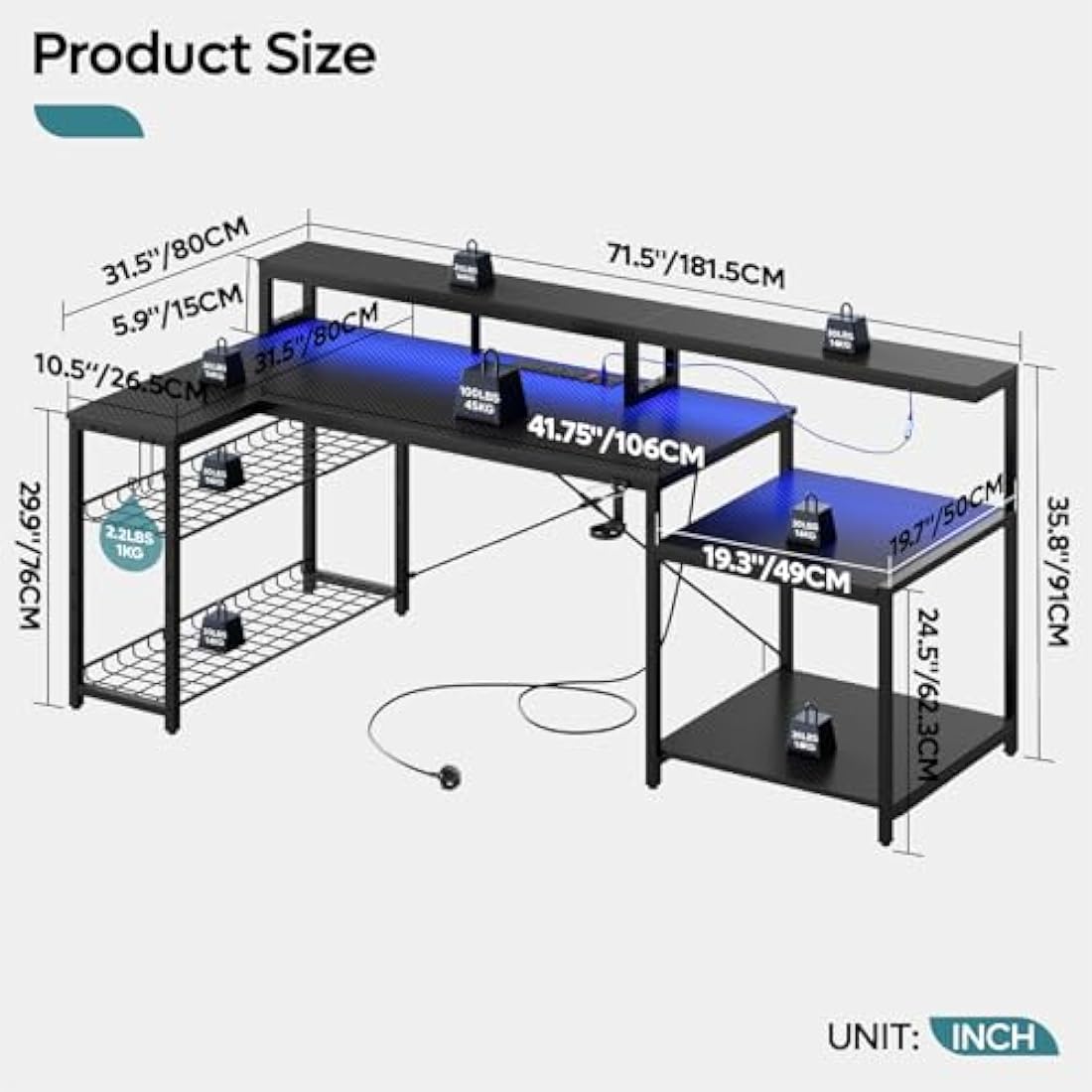 Bestier 181CM L-Shaped Gaming Desk with RGB LED Lights, Power Outlets, USB Ports, Carbon Fibre Surface, Monitor Stand, Storage Shelf, Cup Holder & Headset Hook