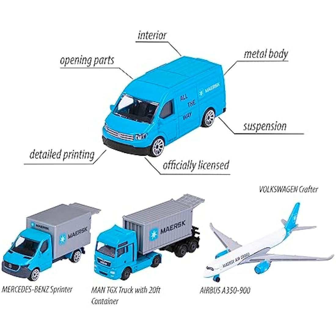 Majorette - MAERSK TRANSPORT VEHICLES (Gift Set) - 4 metal model vehicles (Man Truck, Mercedes-Benz Sprinter, Volkswagen Crafter & Airbus Aircraft), toys for children aged 3+.
