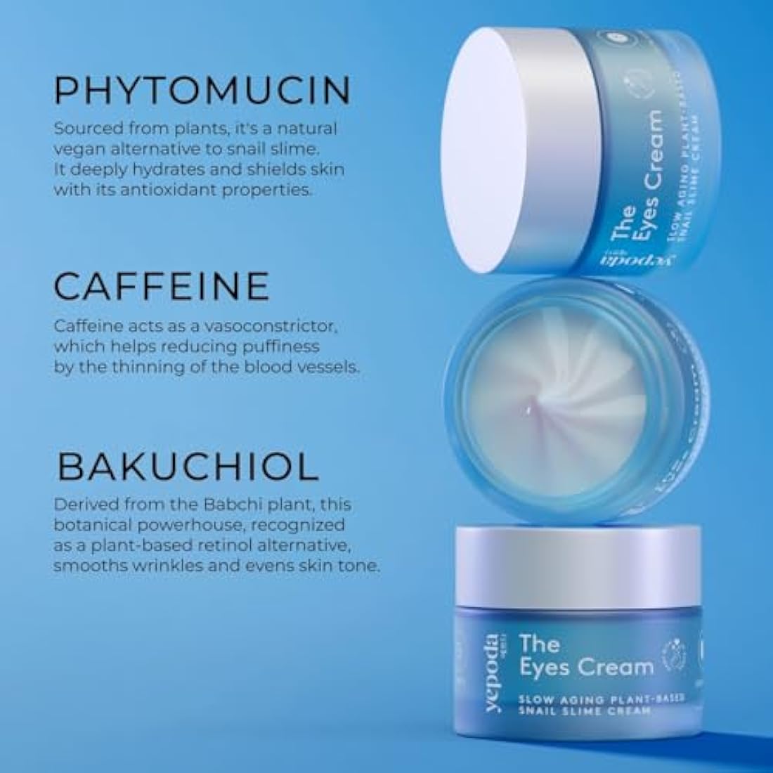 Yepoda The Eyes Cream, Hydrating Eye Cream With Plant-Based Snail Slime Alternative, Depuffs & Deeply Hydrates the Skin, Vegan Korean Eye Cream for All Skin Types, 15 ml