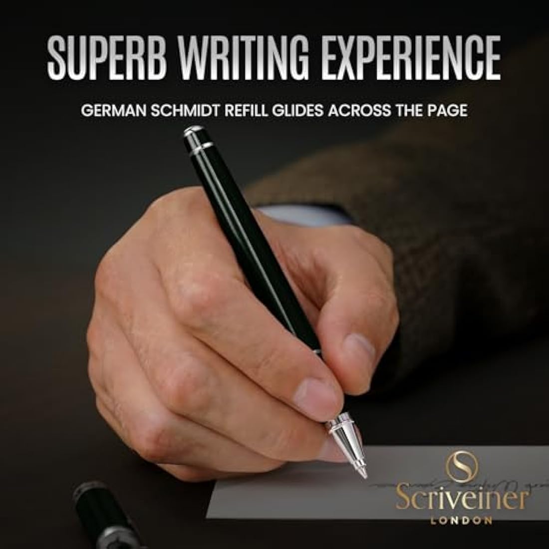 Scriveiner Black Green Rollerball Pen - Multi Award Winning Luxury Rollerball with Chrome Trim & Schmidt Refill, Quality Executive Writing Pen for the Office, Journaling or Gift Set for Men & Women