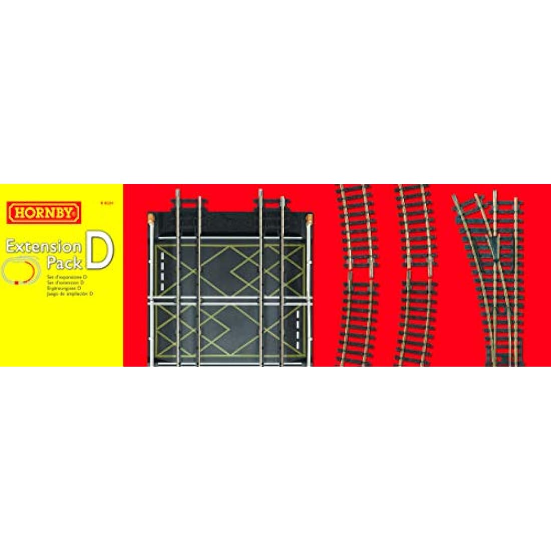 Titles Hornby R8224 OO Gauge Track Extension Pack D - Extra Track Pieces for Model Railway Sets, Model Train Track Pieces, Includes - Curves, LH Point, Buffer Stop & Double Level Crossing - Scale 1:76